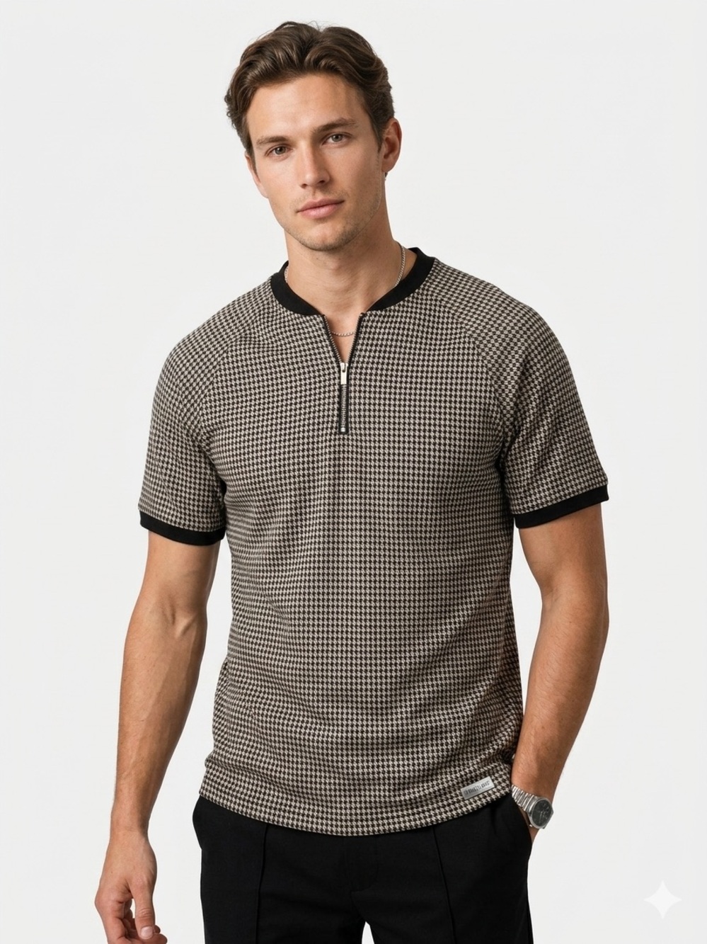MAUVAIS Mens Houndstooth Quarter Zip Knit Polo Shirt Black Cream Medium - 615